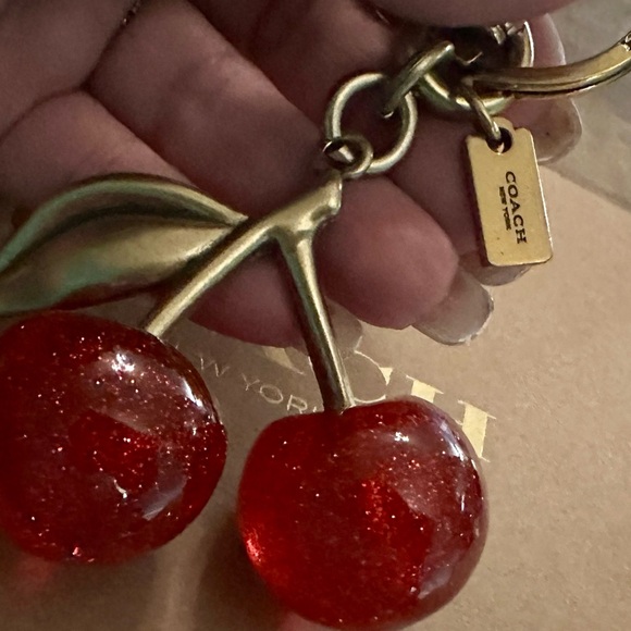 Coach Red Resin Glitter Cherries Gold Brass Keychain Fob Bag Charm - Picture 4 of 7